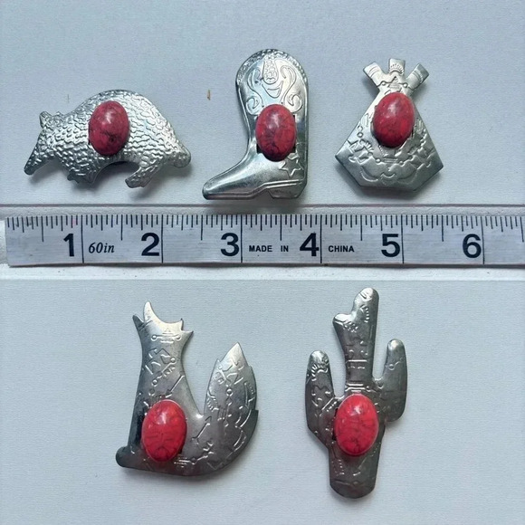 Vintage Western Silver & Red  Pink Stone Button Cover set Wolf armadillo cactus - Picture 5 of 5